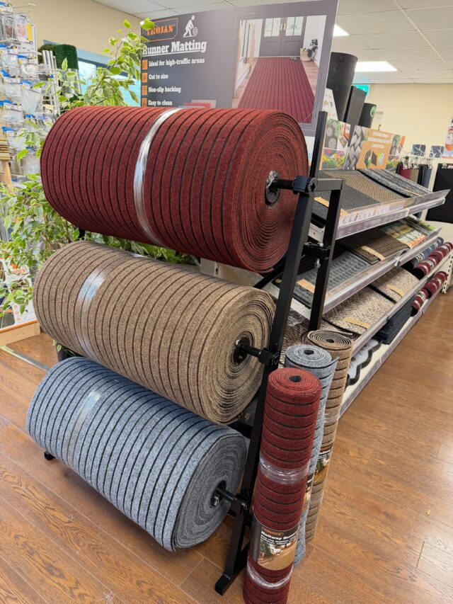 Trojan Harmony runner matting rolls and or pre-cut rolls, with a non slip latex backing 👌 now in stock! #trojan #doormats #matting #flooring #flooringaccessories